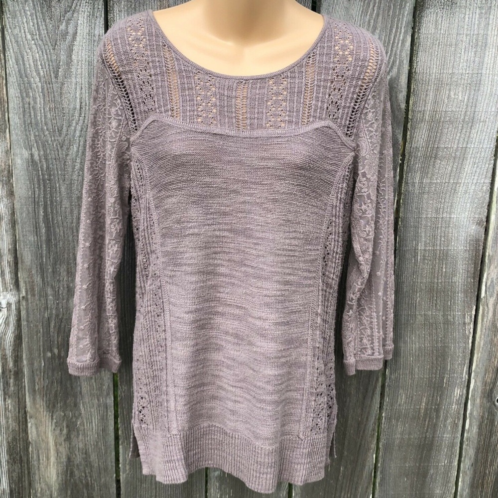 Anthropologie Knitted & Knotted Brown Cotton Blend Sweater Lace 3/4 Slee…